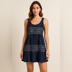 Roxy Women’s Navy Argyle Babydoll Mini Dress Size M Boho Peasant Beach Festival